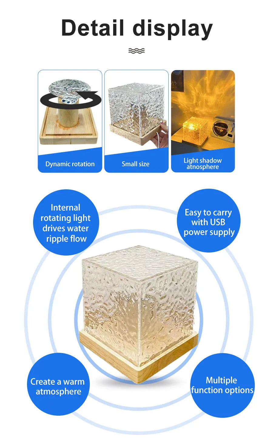 Projetor Dinâmico de Ondulação de Água, Luz Noturna, Lâmpada de Cristal 3/16 cores