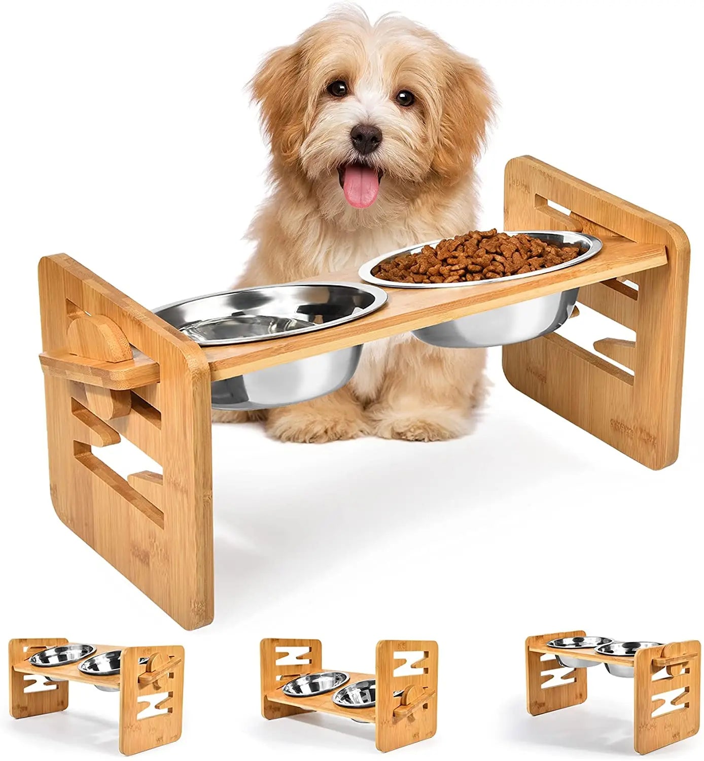 Tigelas de bambu elevadas para cães com suporte, ajustáveis, levantadas, para seus amiguinhos de quatro patas.